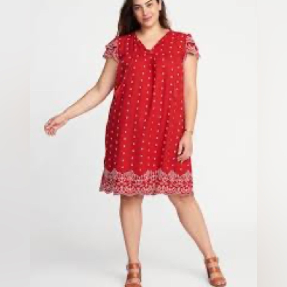 Old Navy large Red/White Embroidered Dress with Ruffle Sleeves